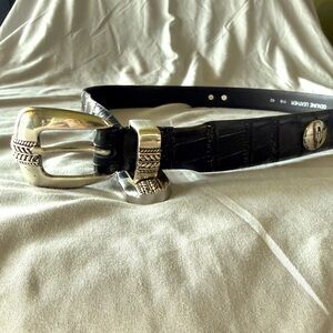 OU University of Oklahoma Mens Sz 42 Black Leather Belt Silver Buckle, 4 logos